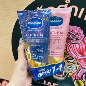 Vaseline healthy bright gluta-hya serum burst lotion overnight+dewy radiance วาสลีน เฮลธี้ ไบร์ท กลูต้า-ไฮยา เซรั่ม เบิสท์ โลชั่น โอเวอร์ไนท์ เรเดียนซ์ รีแพร์+ดิวอี้ หลอดน้ำเงิน+ชมพู