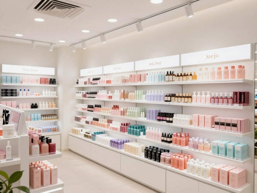 Jaeju Shop storefront with displays of affordable cosmetic products Jaeju Shop storefront with displays of affordable cosmetic products