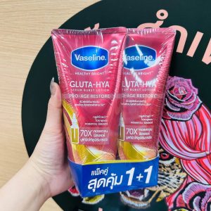 Vaseline healthy bright gluta-hya serum burst lotion pro-age restore วาสลีน เฮลธี้ ไบร์ท กลูต้า-ไฮยา เซรั่ม เบิสท์ โลชั่น โปร-เอจ รีสโตร์ หลอดสีแดง