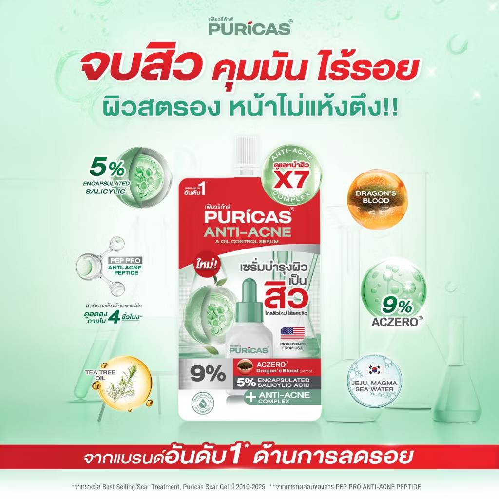 Puricas anti-acne & oil control serum เซรั่มบำรุงผิวหน้าสำหรับคนเป็นสิว 7mlx6pcs - Image 6